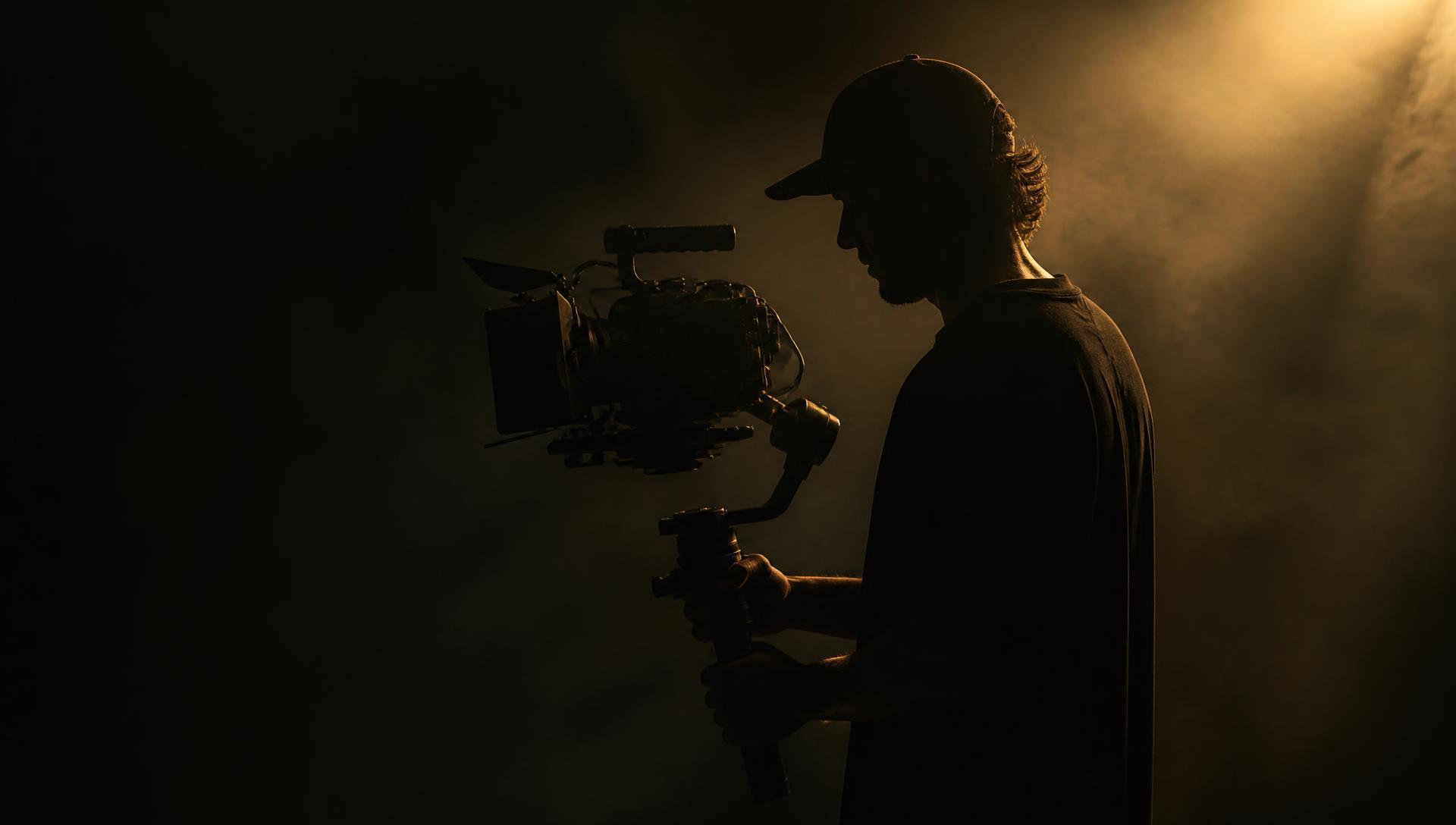 Gilvero cinematographer on set in a darkened studio